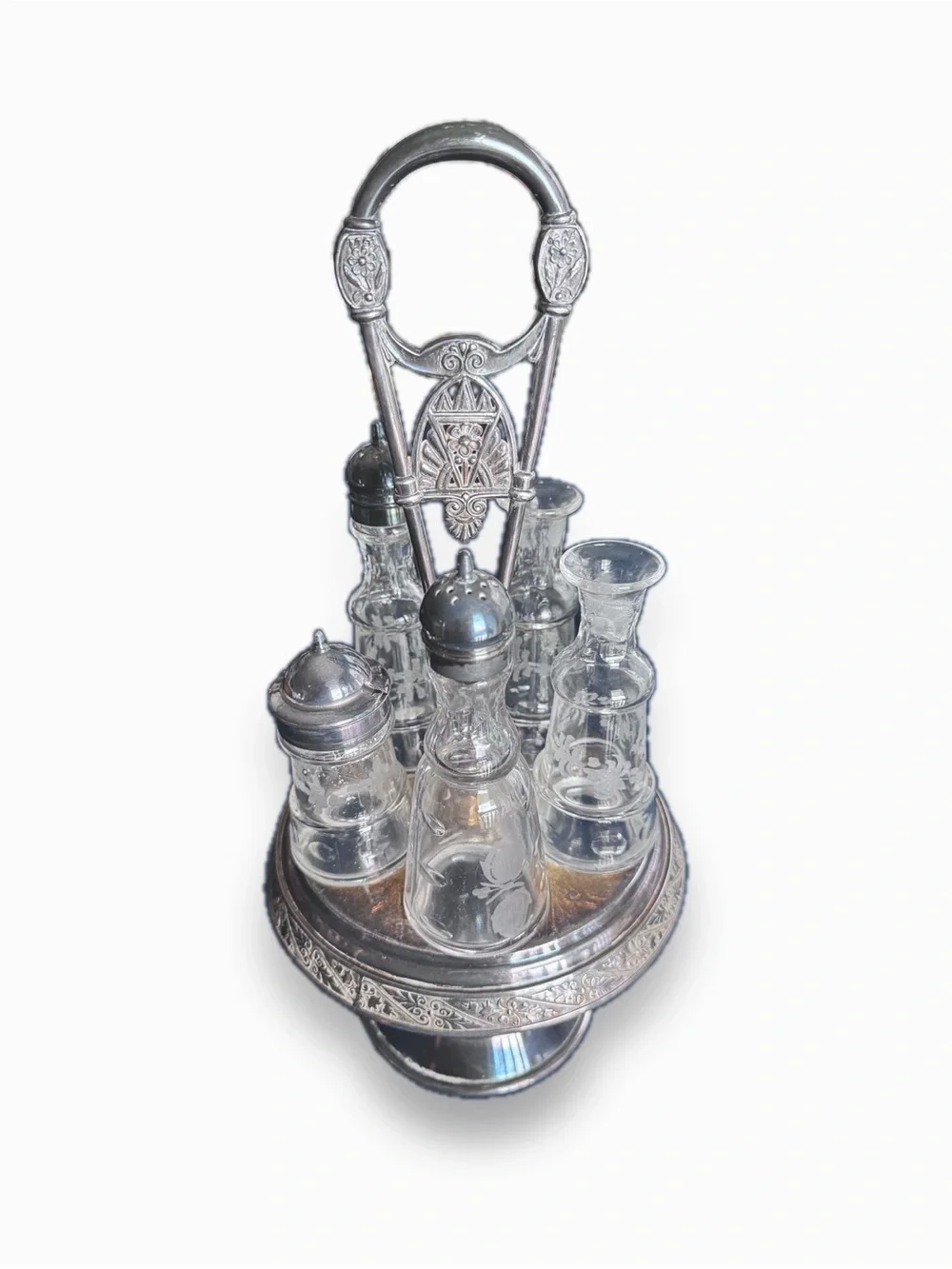 Antique Victorian Wilcox Silver Plated Rotating Condiment Cruet Set UV Glow